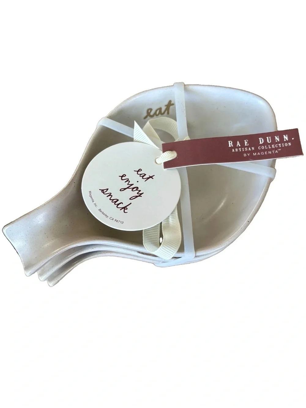RAE DUNN Minimalist Farmhouse Nesting Stone Spoon Rests EAT ENJOY SNACK Leaves~3
